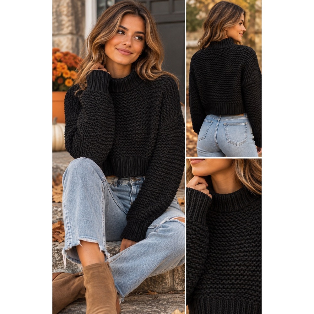 Free People My Only Sunshine Sweater Small Chunky Knit Cropped Mock Neck #1622